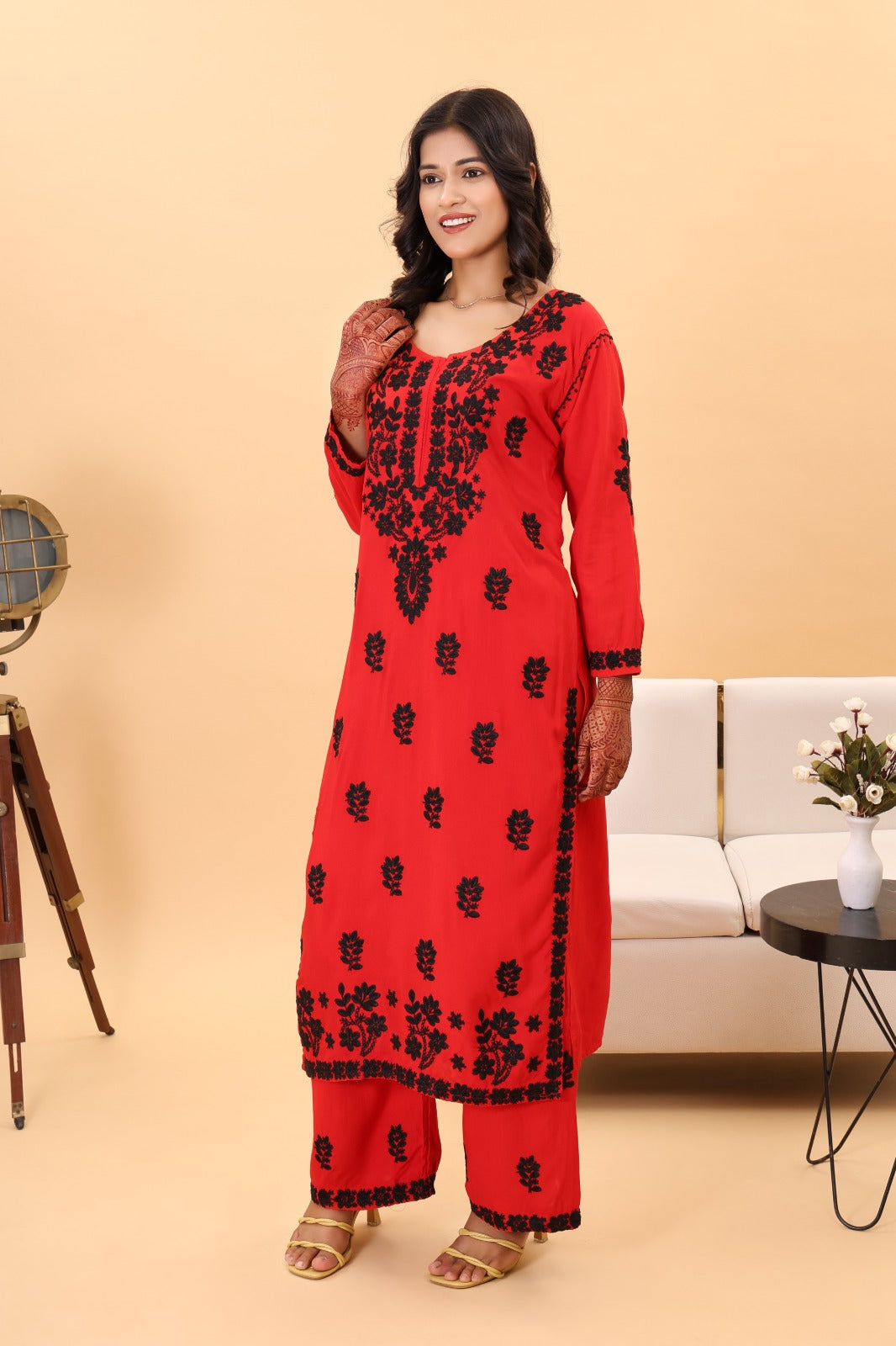 Authentic Lucknowi Kurta set with intricate black detailing