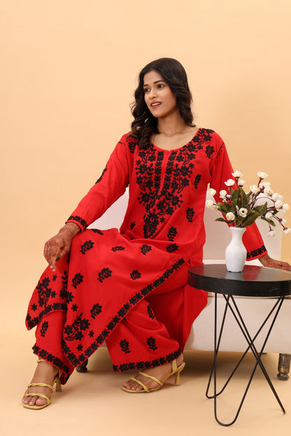 Authentic Lucknowi Kurta set with intricate black detailing