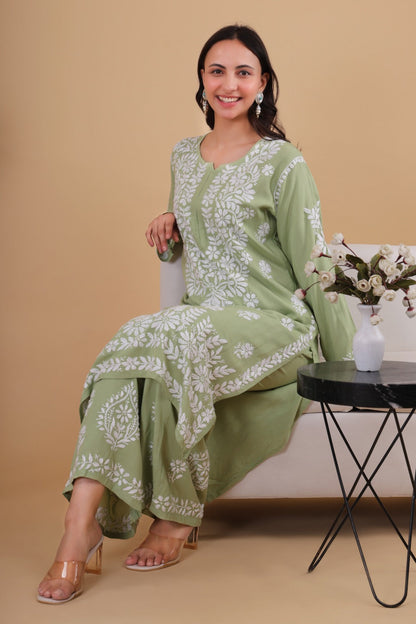 Aisha mint green Authentic Lucknowi kurta Palazzo Set