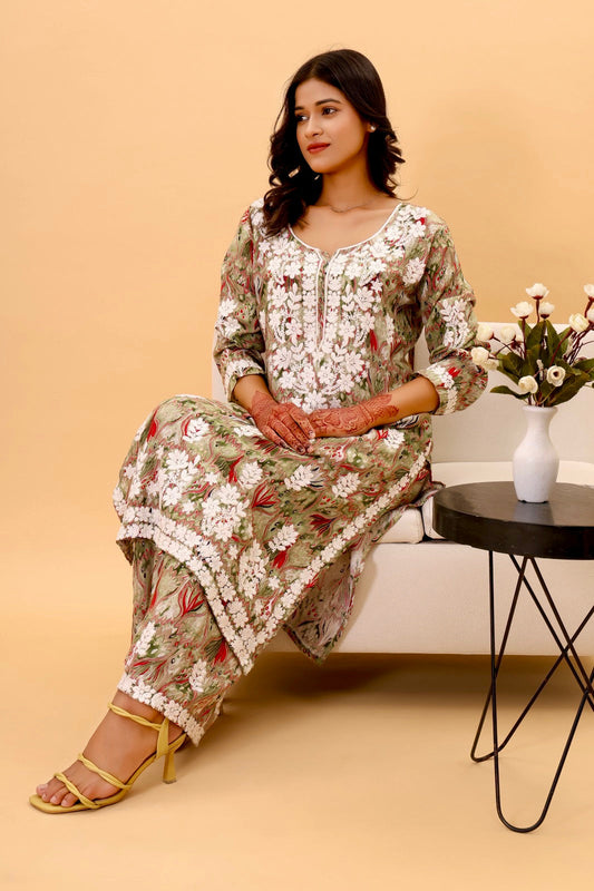 Authentic Lucknowi kurta Set with intricate Detailing