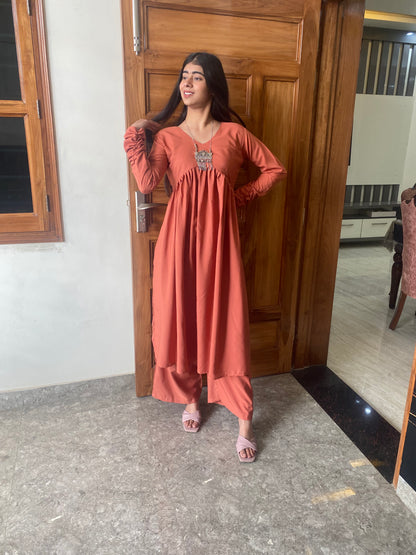 Rustic orange Stylish Gathered Kurti set