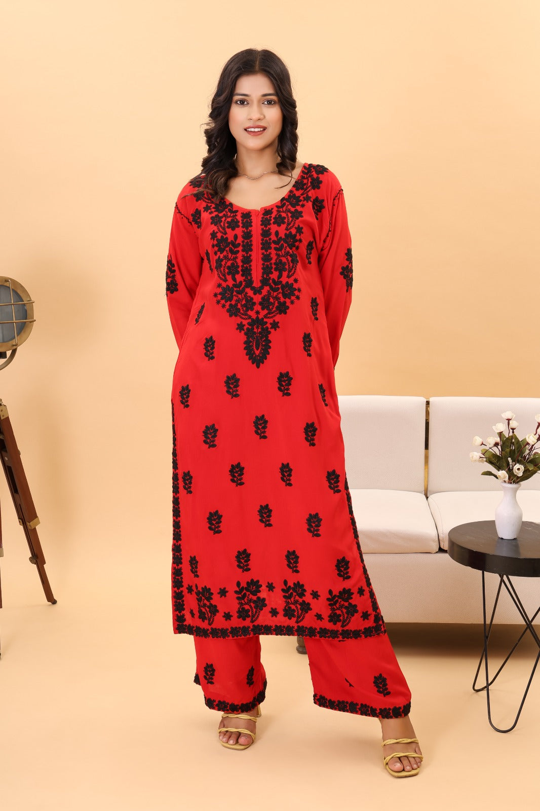 Authentic Lucknowi Kurta set with intricate black detailing