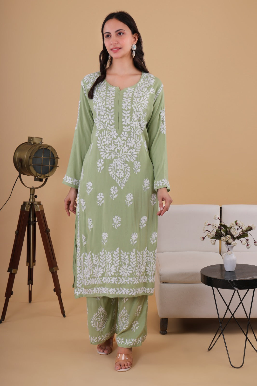 Aisha mint green Authentic Lucknowi kurta Palazzo Set