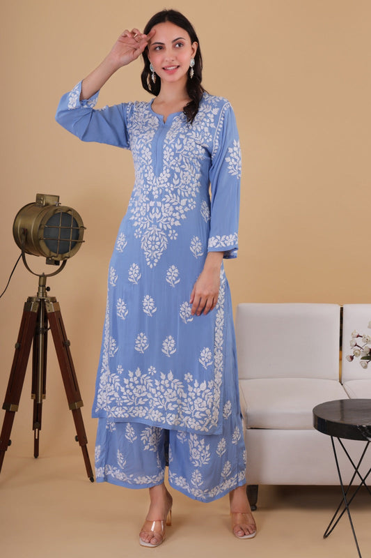 Aisha Powder blue  Authentic Lucknowi kurta Palazzo Set