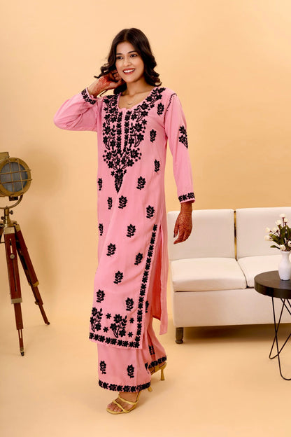 Authentic Lucknowi Kurta set with intricate black detailing