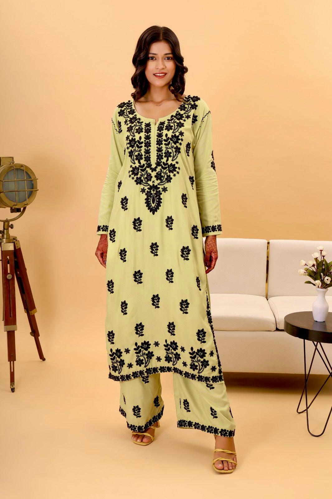 Authentic Lucknowi Kurta set with intricate black detailing