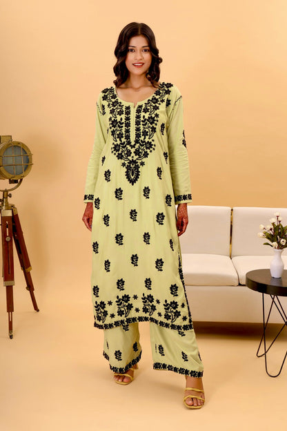 Authentic Lucknowi Kurta set with intricate black detailing