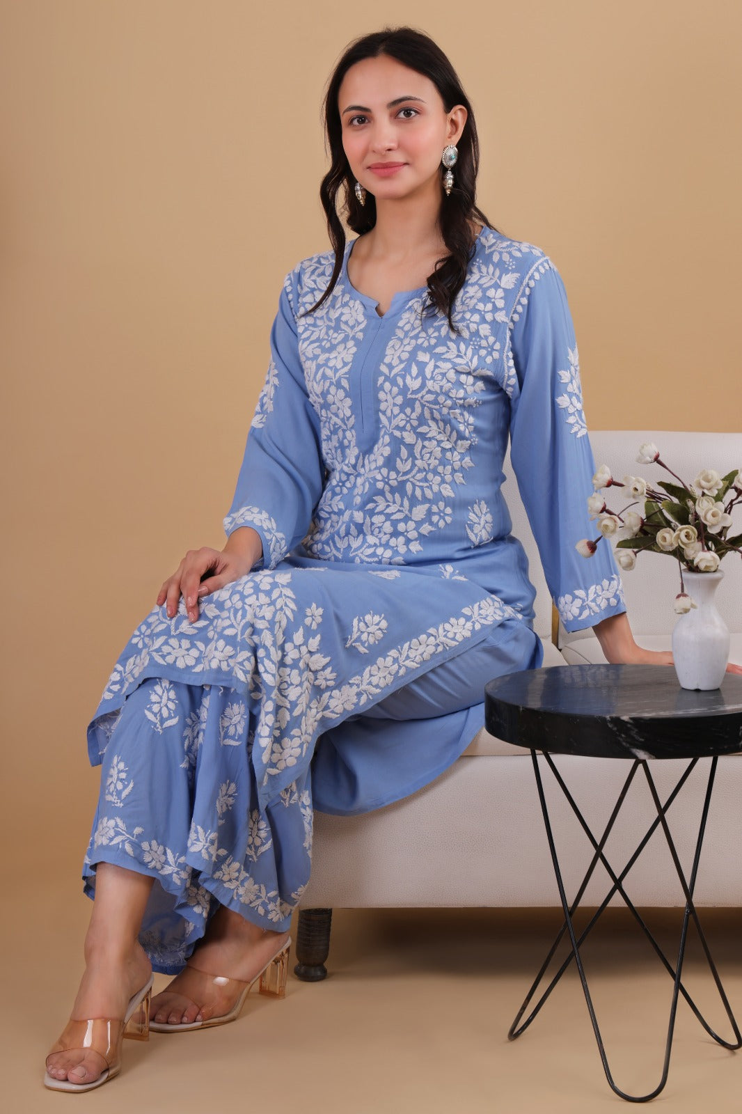 Aisha Powder blue  Authentic Lucknowi kurta Palazzo Set