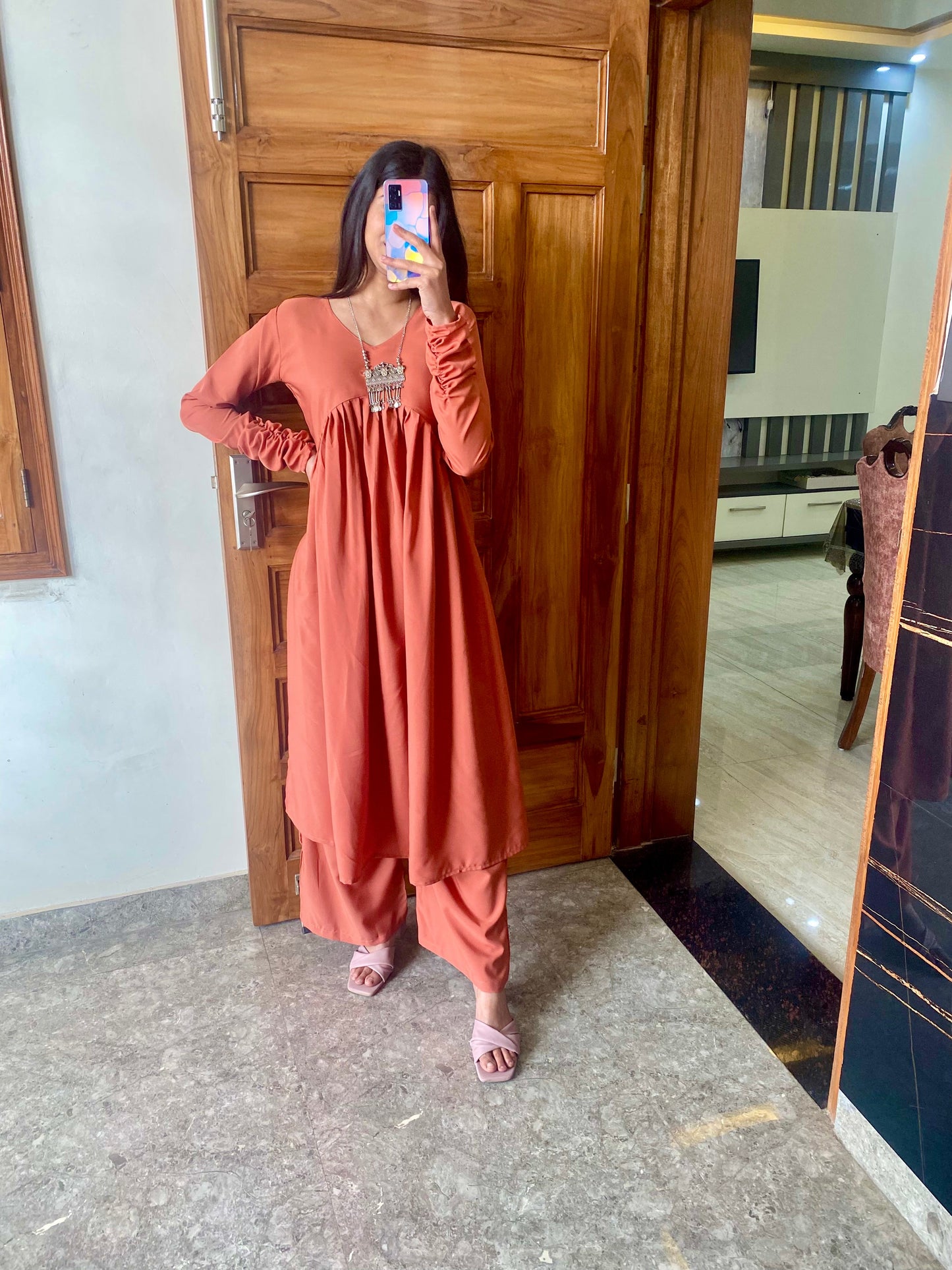 Rustic orange Stylish Gathered Kurti set