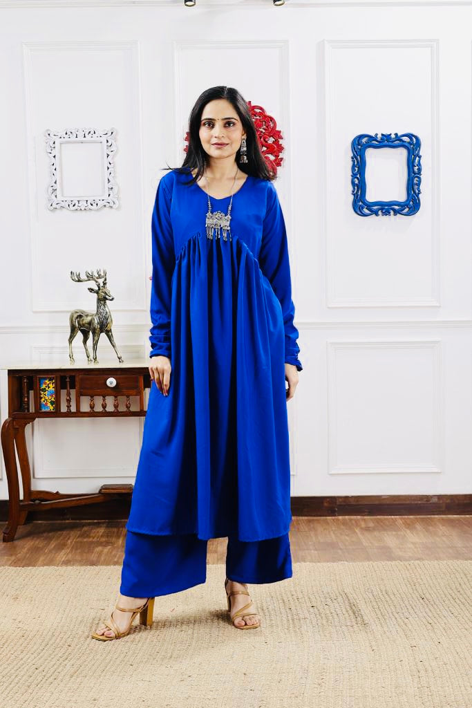 Electric Blue Stylish Gathered Kurti set