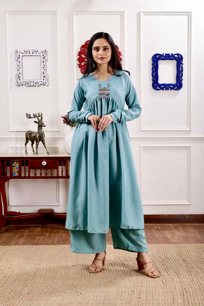 Sea Green Stylish Gathered Kurti set