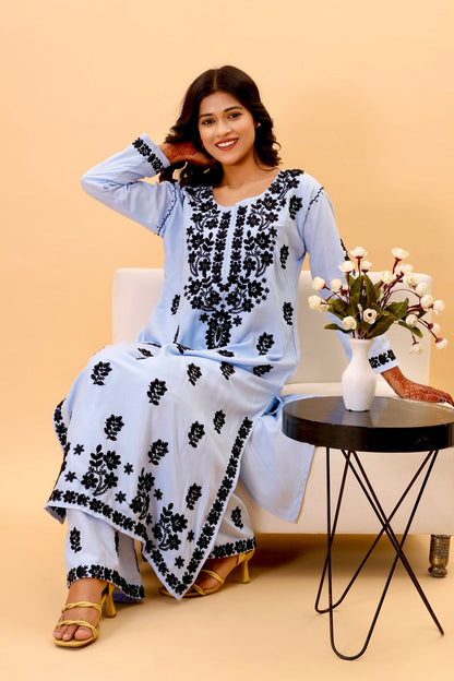 Authentic Lucknowi Kurta set with intricate black detailing