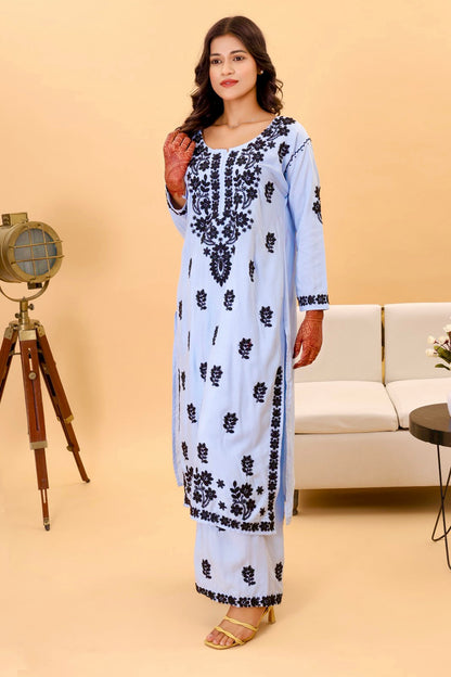 Authentic Lucknowi Kurta set with intricate black detailing