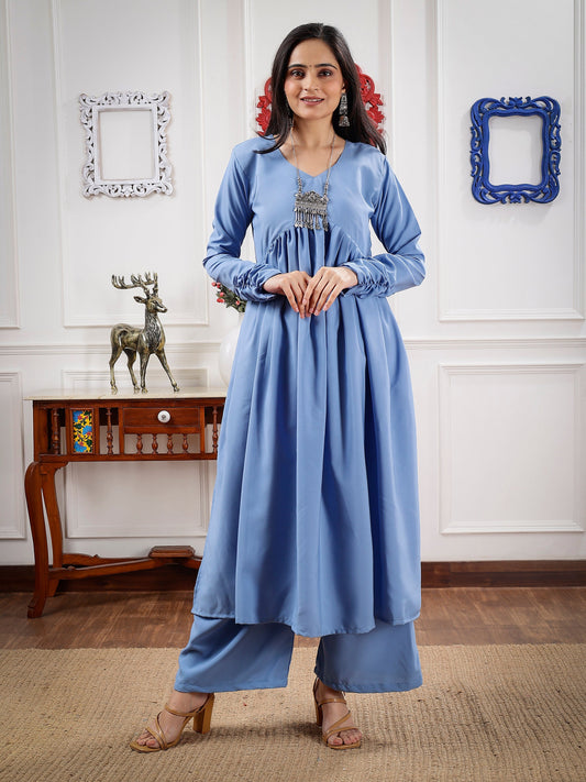 Powder Blue Stylish Gathered Kurti set