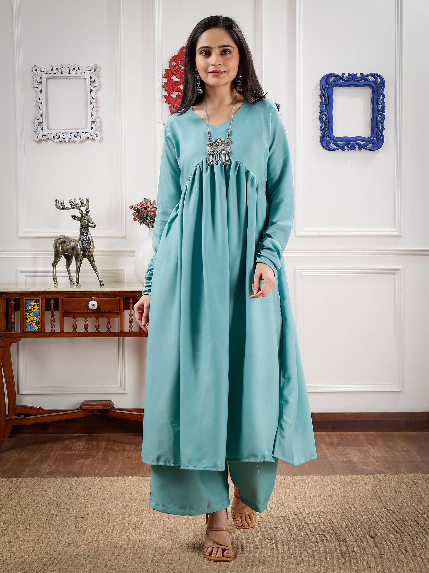 Sea Green Stylish Gathered Kurti set