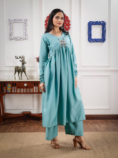 Sea Green Stylish Gathered Kurti set