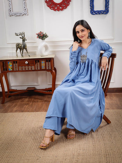 Powder Blue Stylish Gathered Kurti set